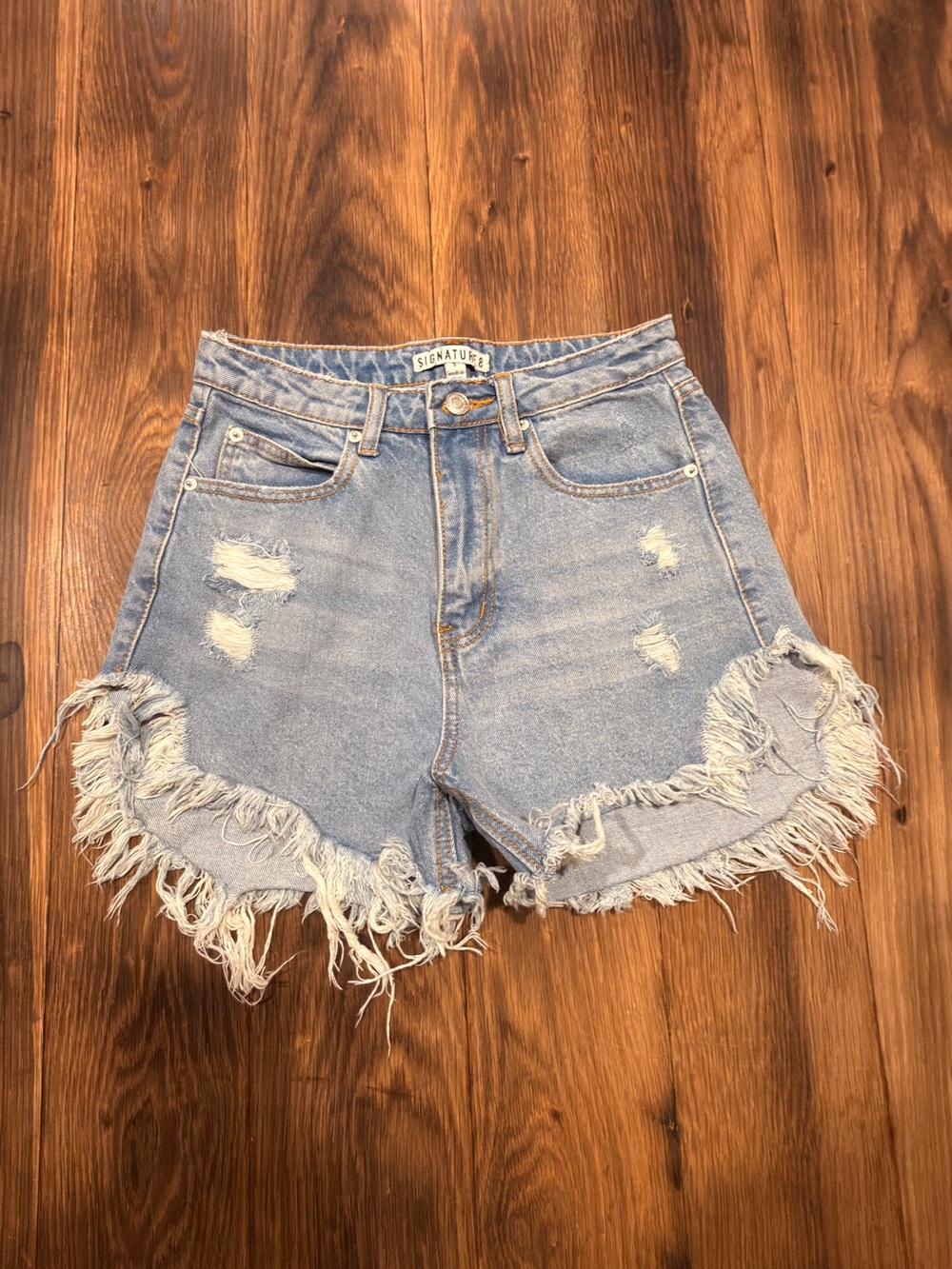 Signature Faded Light Blue High-Rise Distressed Denim Shorts